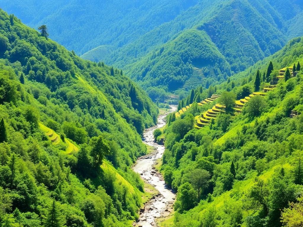 Forested watershed with terraced hillsides and a stream in Nepal